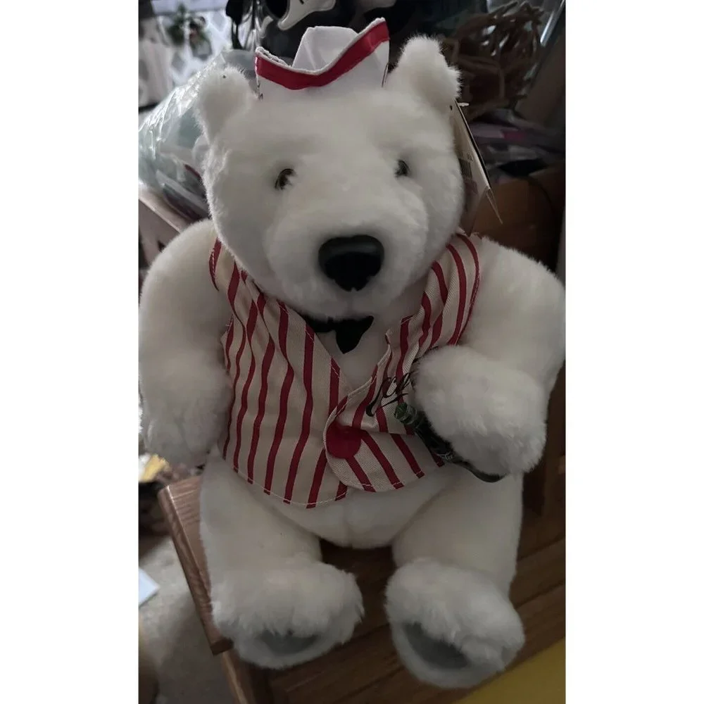 1998 Coca‎ Cola Polar Bear Plush Soda jerk Hat Vest & Coke Bottle Original Tags